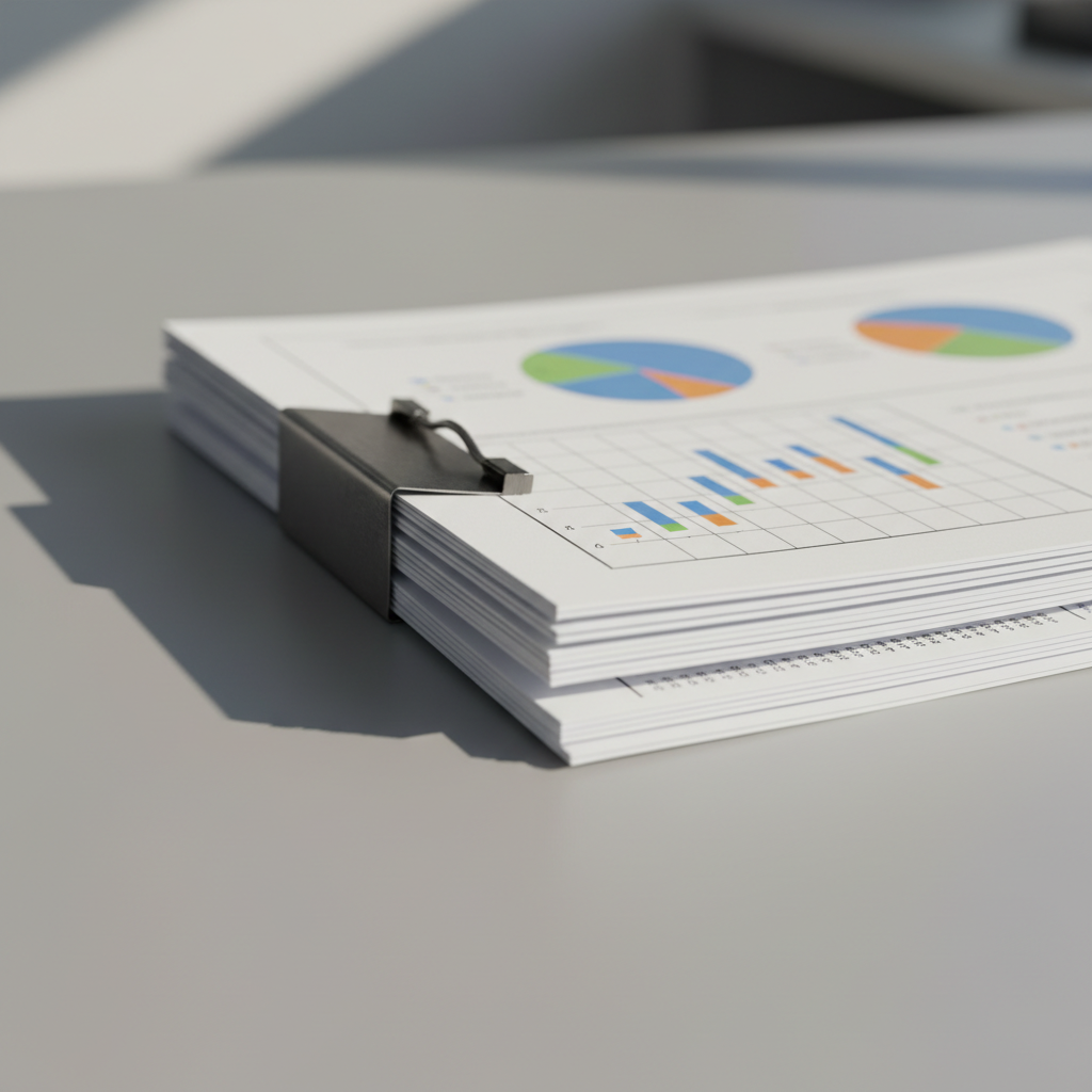 A close-up of a perfectly aligned stack of printed spreadsheets with clean gridlines and color-coded graphs, clipped together with a brushed steel binder. The papers rest on a smooth, light gray desk with a matte finish. Natural daylight enters from the side, creating subtle highlights on the metal and gentle shadows beneath the sheets, accentuating the linear order. Photographed from a slightly oblique, eye-level angle, the composition is balanced and orderly, emphasizing clarity and professionalism. The mood is methodical and purposeful, with a contemporary, photographic realism that fits a business-centric, corporate aesthetic.