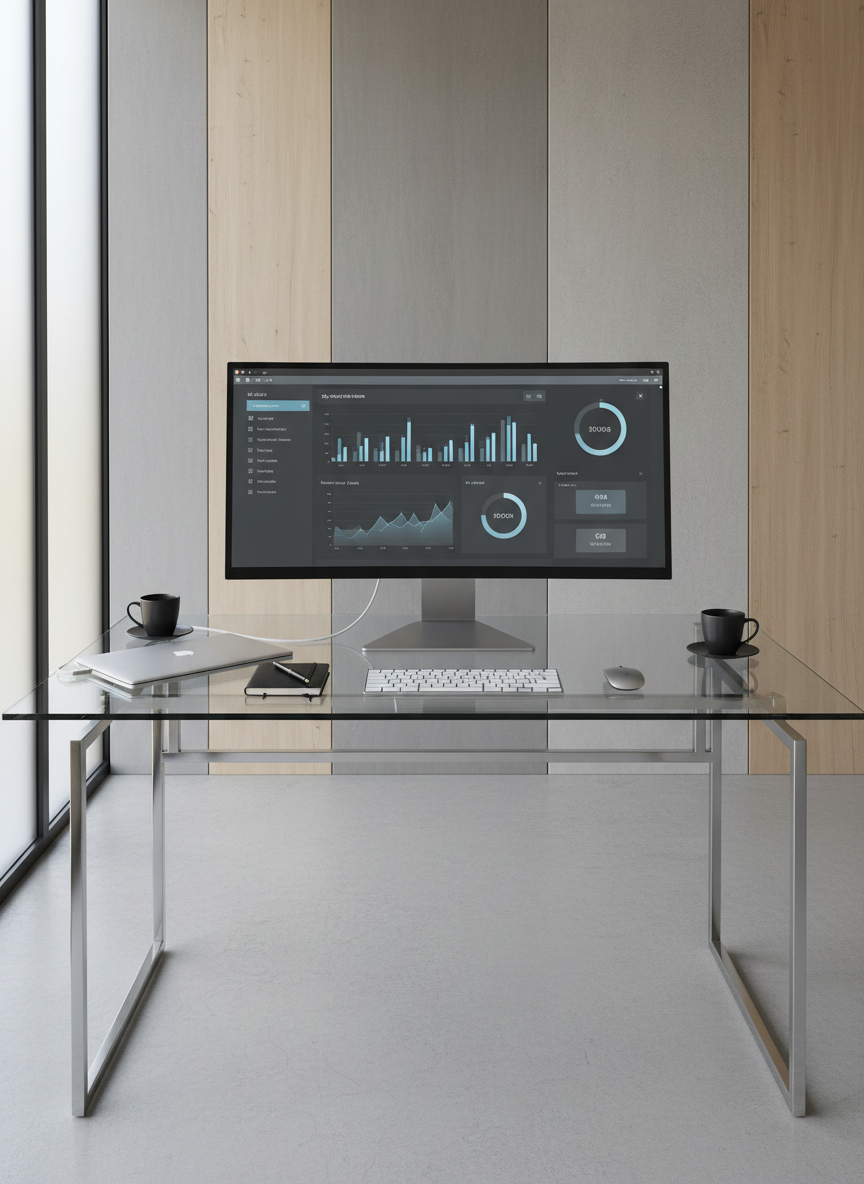 A meticulously organized glass-topped workstation featuring a sleek, brushed aluminum laptop connected to a widescreen monitor displaying a crisp, minimalist dashboard of analytics charts and graphs in cool blues and grays. The desk sits atop a matte concrete floor, backed by a subtle vertical panel wall in neutral tones. Soft, indirect daylight filters in through frosted windows, casting gentle highlights on the reflective surfaces and creating a professional, composed ambiance. Captured from a slightly elevated angle with a balanced, centered composition and sharp focus throughout, the image conveys a sense of precision, order, and technological sophistication in a photographic, clean, and structured style.